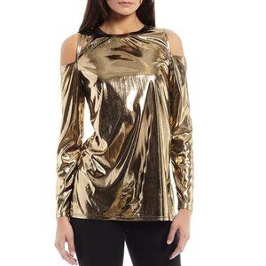 NWT MICHAEL Michael Kors Slick Foil Long Sleeve Cold Shoulder Top in Gold